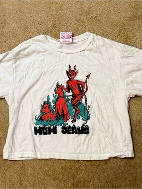 White Graphic Short Sleeve Tee with Red Devil Illustration